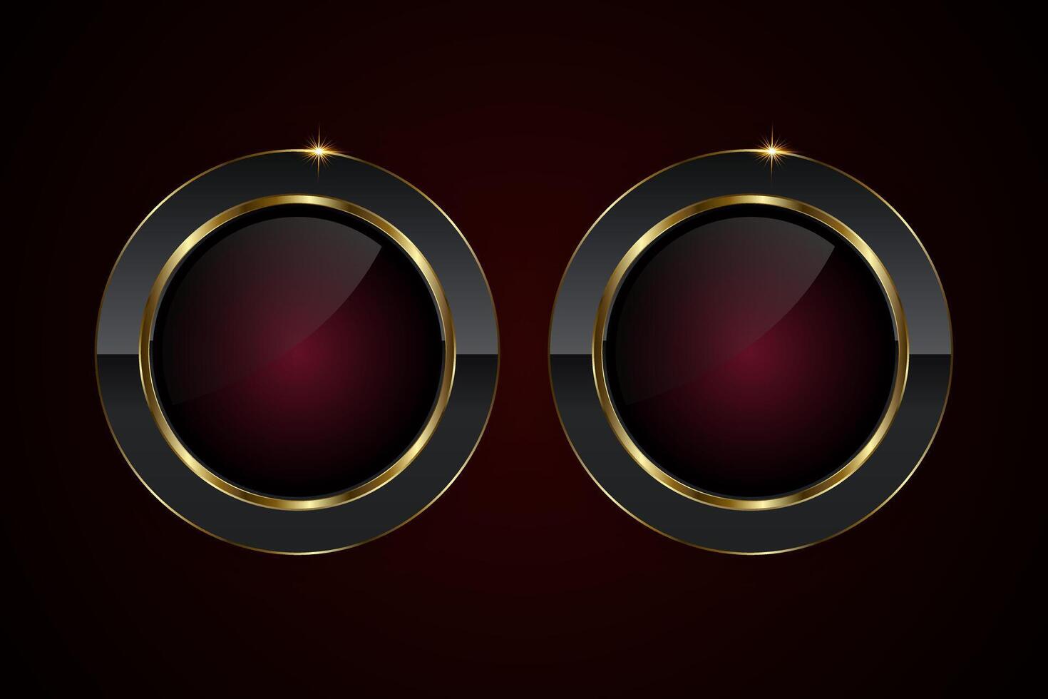 Group of two luxury button in dark red color symbol and elegant style , a sleek black and gold circular button with a glossy maroon center illustration vector