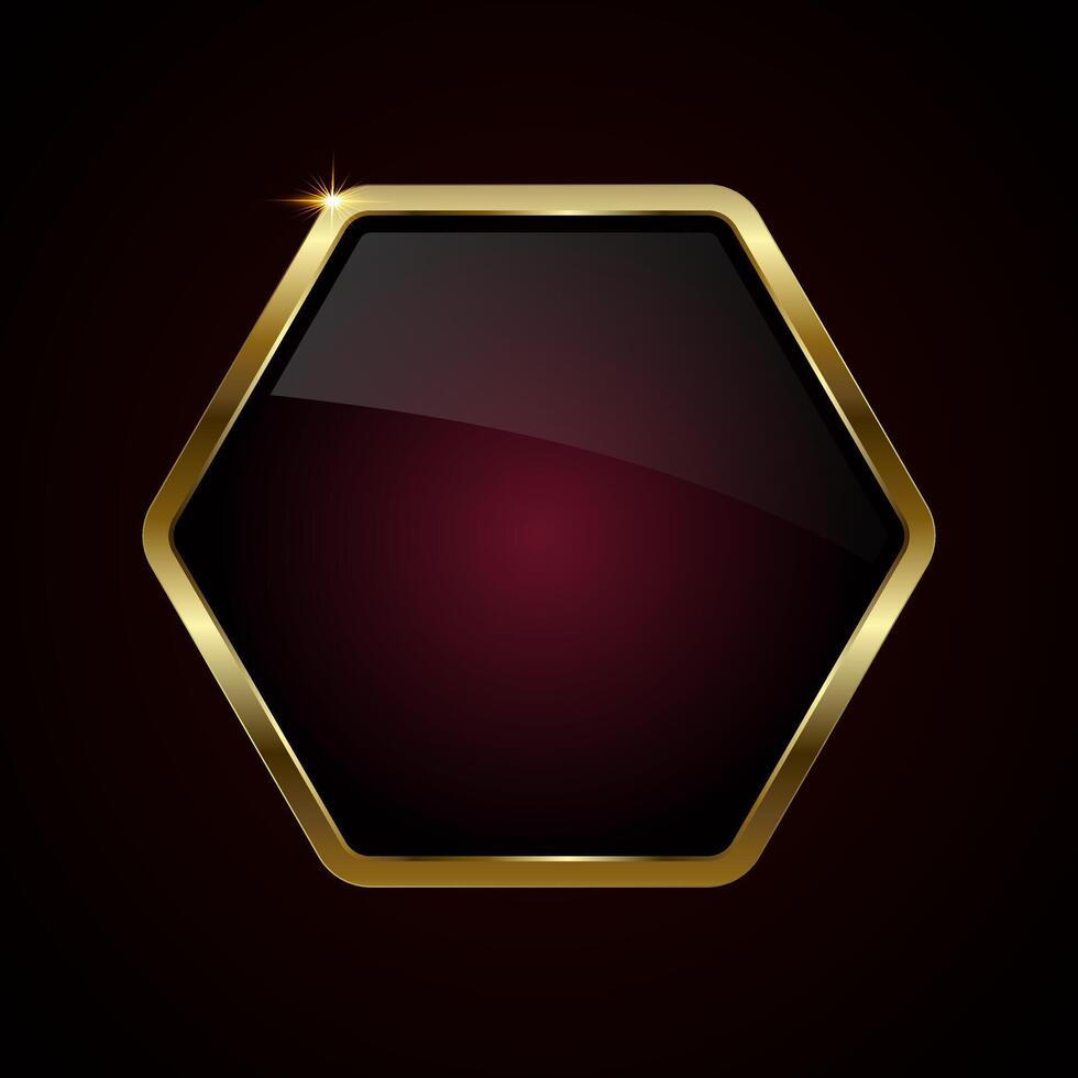 The premium gold hexagon button used for web UX, UI design. A Luxury Hexagon shape with gold stoked on dark red background vector