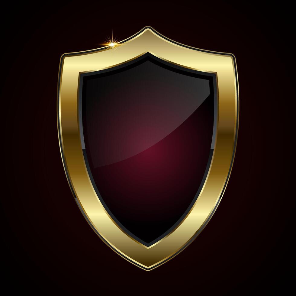 A majestic shield-shaped button featuring a deep maroon center and a dazzling gold border with a sparkling highlight, illustration vector