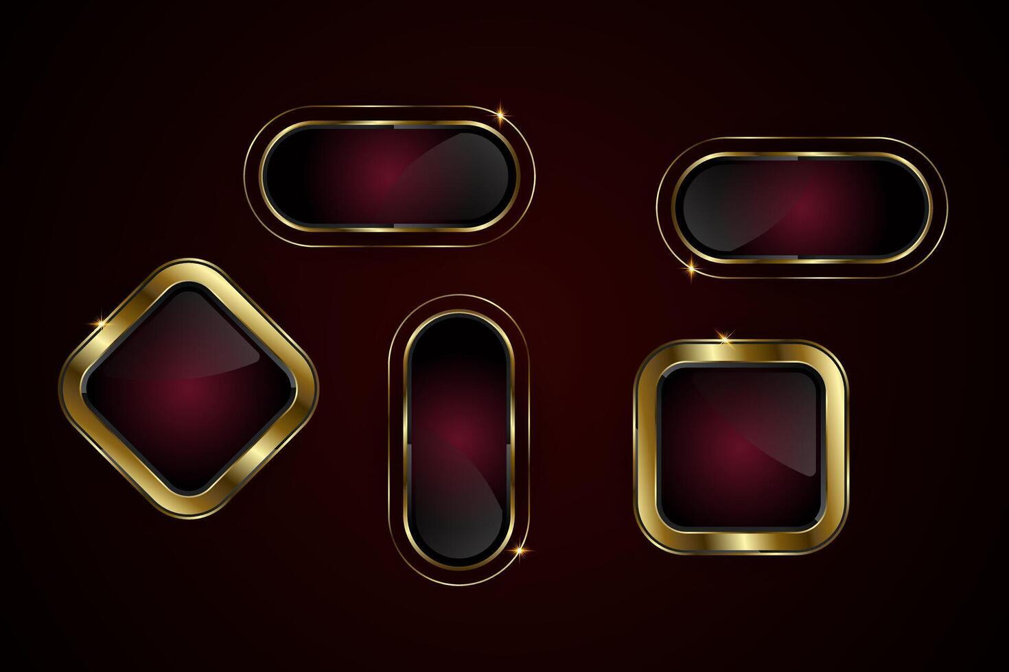 A groups of diferrent special shapes buttons design with diamond-shaped button with a rich, glossy black center framed by a brilliant gold border vectors