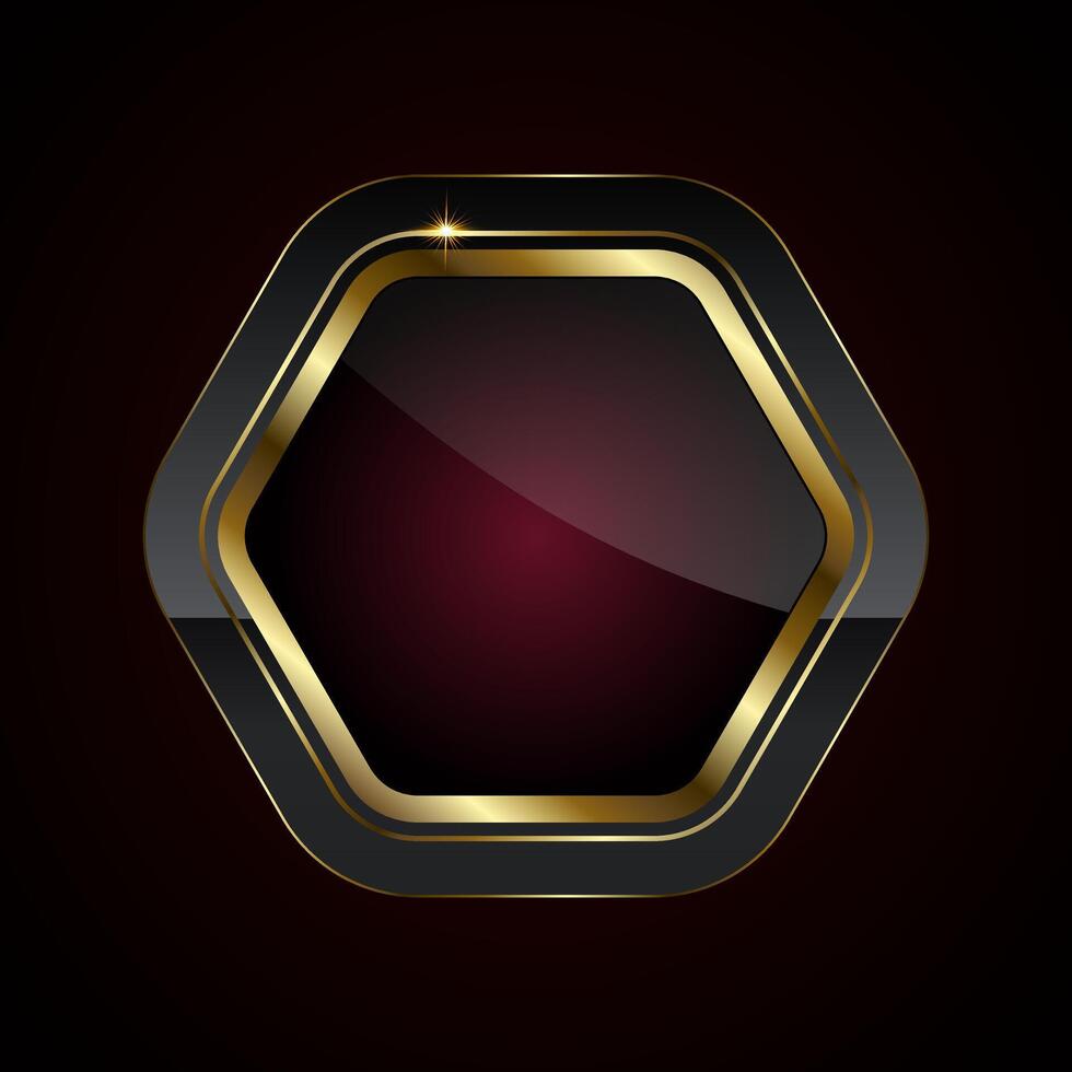 A sleek, hexagonal button featuring a glossy black center with a deep red gradient, bordered by a radiant gold trim. Luxury button in dark red gradient vector