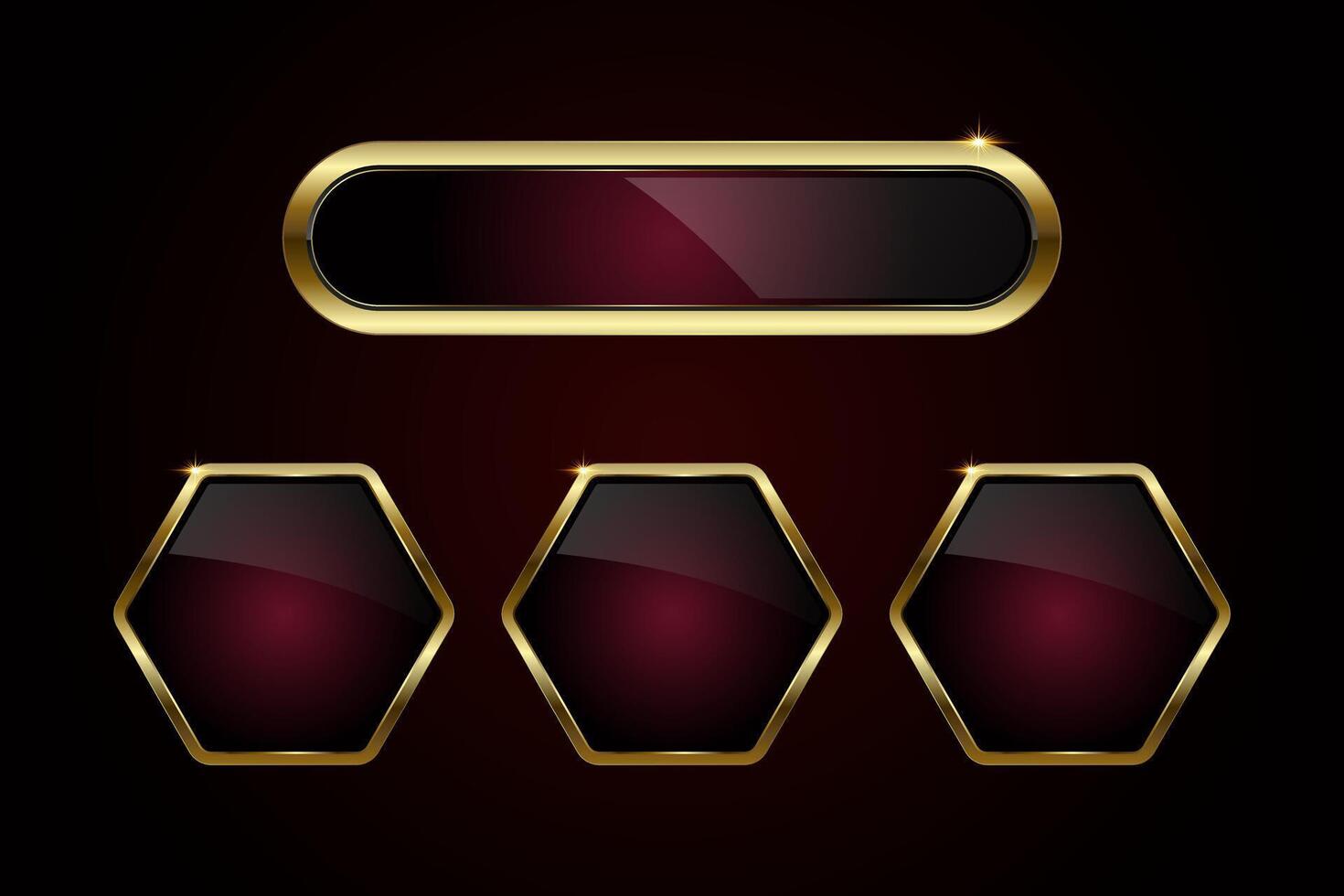 Group of premium gold oval and hexagon buttons web UX, UI design. Set of four different buttons shape styles in Luxury and gold stoked on dark red background vector
