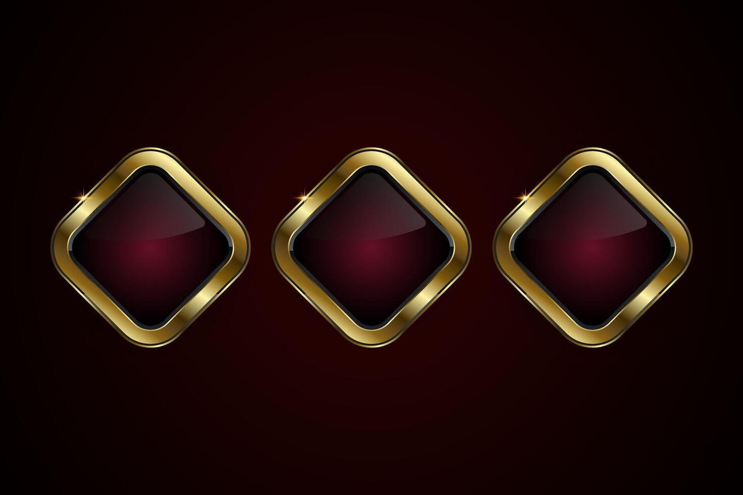 Set of three special shapes buttons design with diamond-shaped button with a rich, glossy black center framed by a brilliant gold border vectors