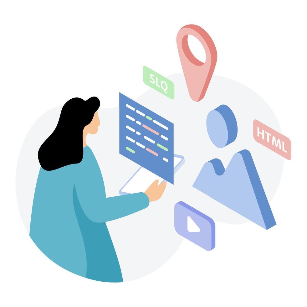 Illustrator working with visual elements and code. Conveys creativity, user interface focus vector