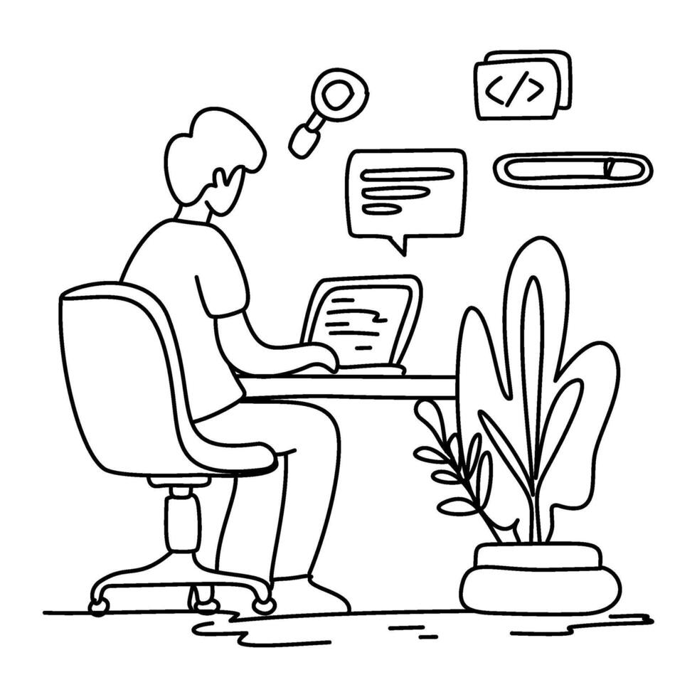 Male Programmer Working Online. Coding website interface on laptop. Simple, modern illustration. Ideal for tech articles, tutorials. Diligent, industrious mood vector