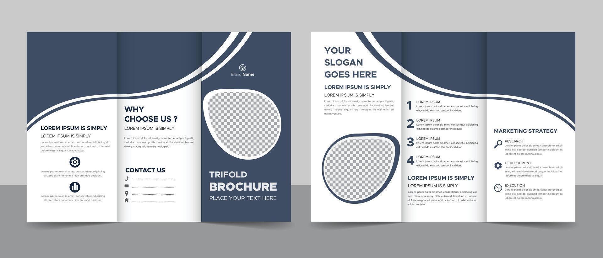 a blue and white trifold brochure with a curved design vector