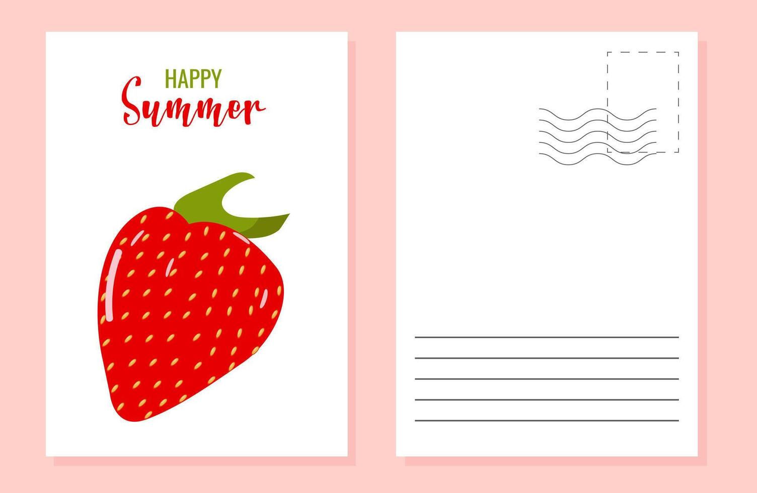 Hello summer color postcard design template layout. Ripe strawberries illustration. vector