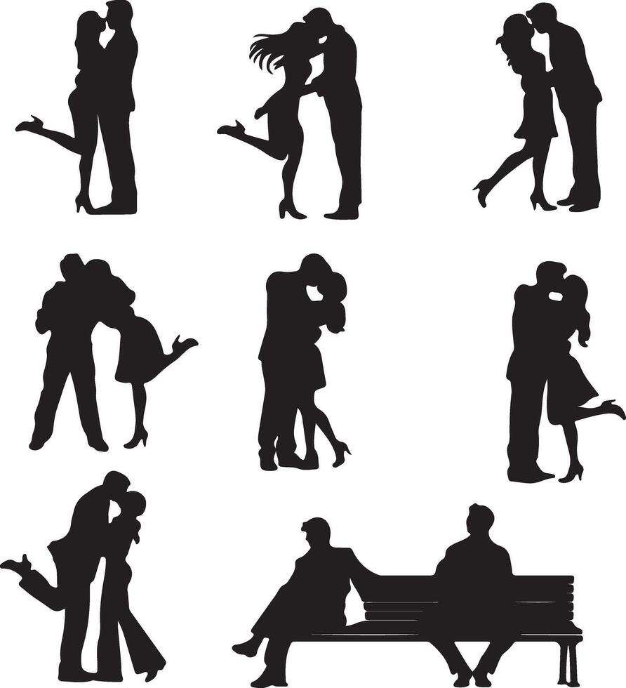Silhouettes of people kissing and hugging on a bench vector