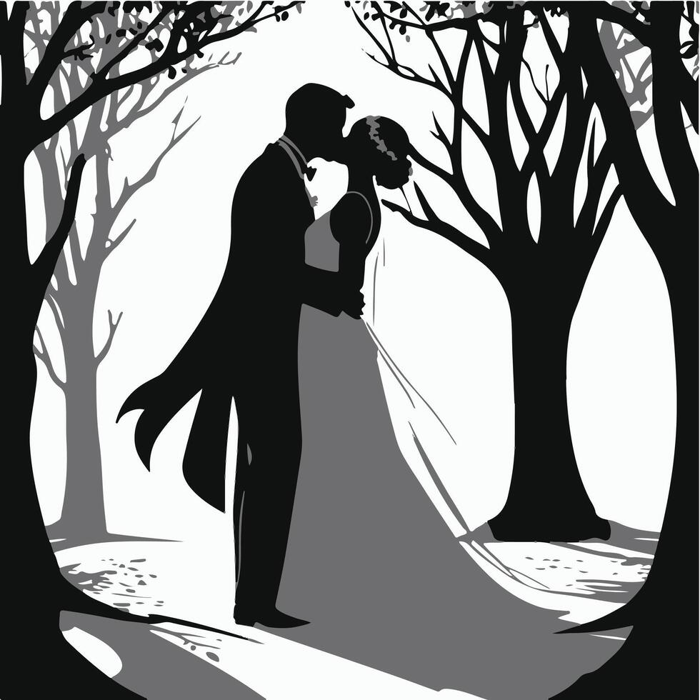 Silhouette of a bride and groom kissing in the woods vector