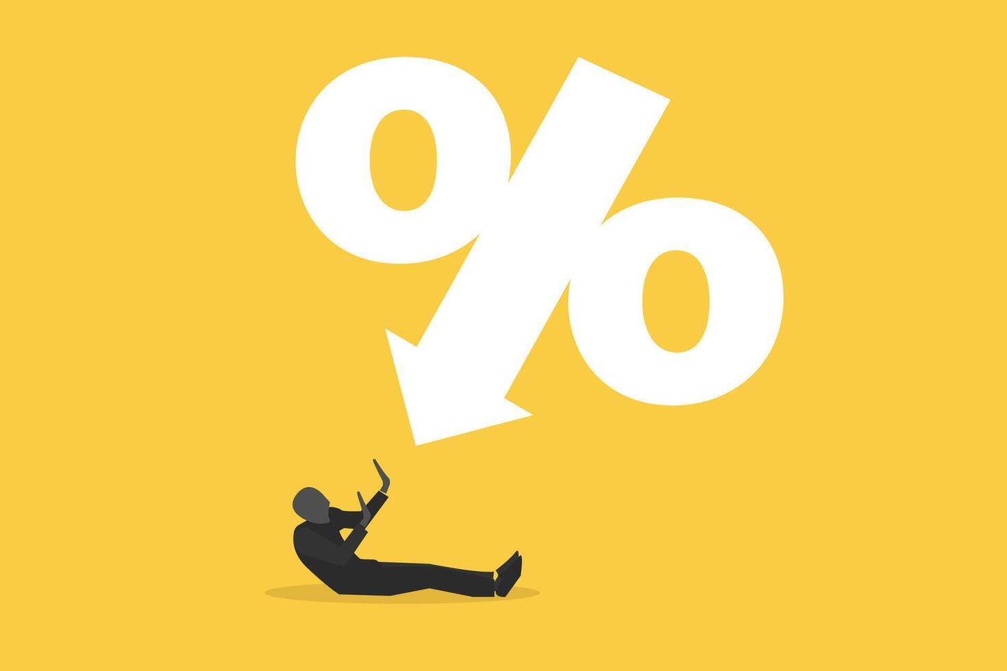 Businessman afraid percentage sign with falling down. concept of Inflation or interest rate falling down, decrease or reduction, profit fall in economic recession, stock market value loss, vector