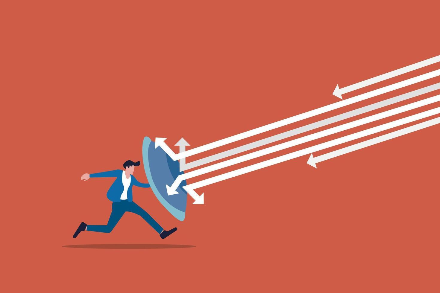 The businessman used the shield to resist the falling arrow. Flat illustration vector