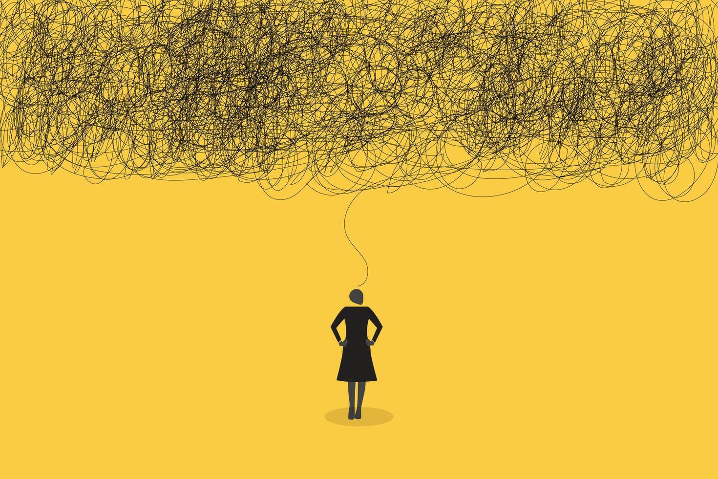 Business woman employee with anxiety busy line over his head. concept of Stress at work, exhausted from overworked and too many problems or frustrated and paranoia office worker vector