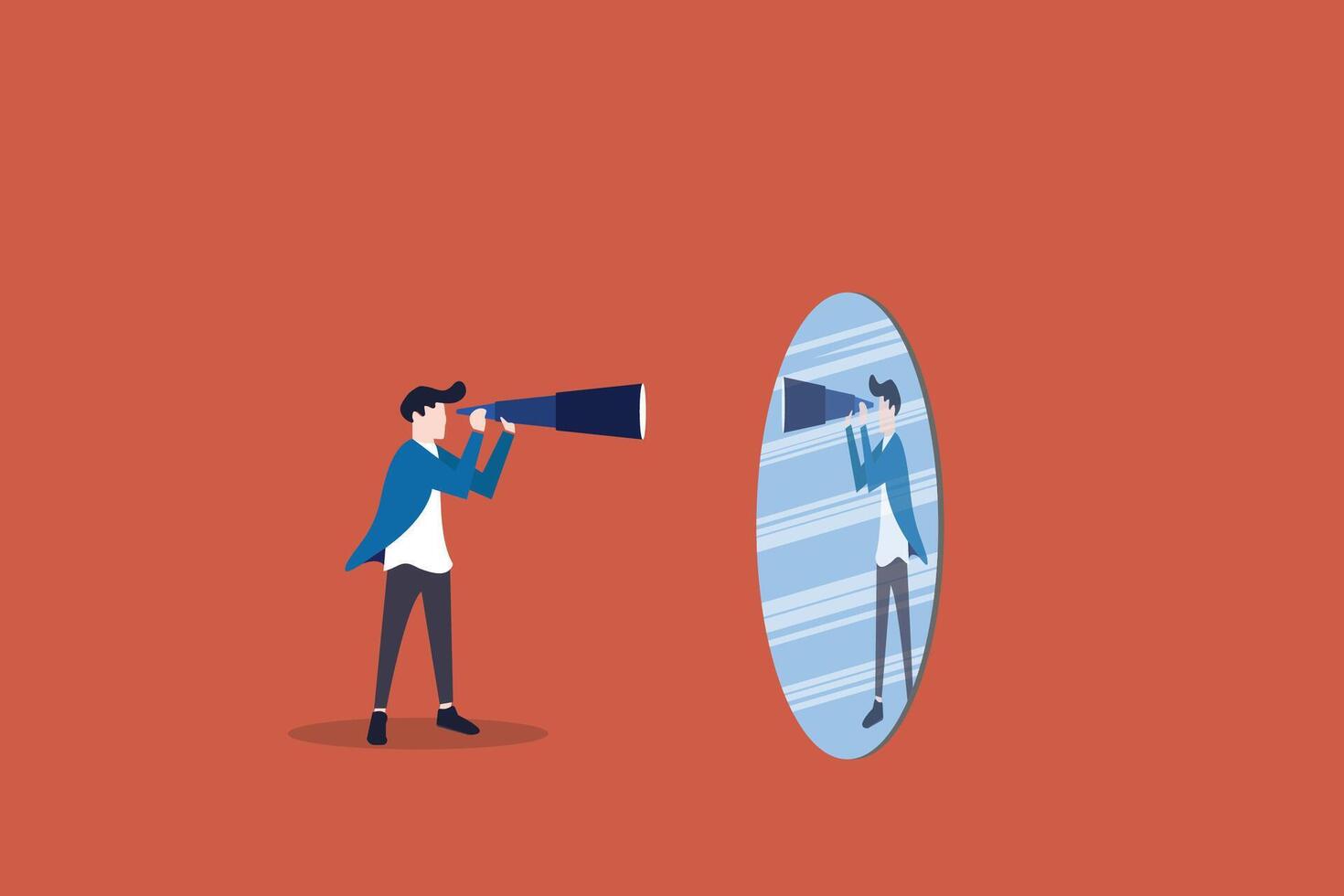 Businessman looking at telescope and reflecting in mirror. concept of Business searching, Looking for new job, leadership discovery, Strategy, mission, objectives vector