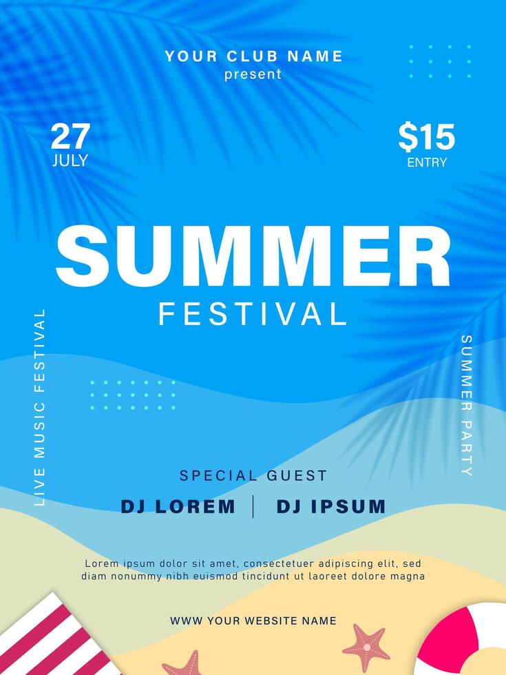 Summer party flyer template. Summer music festival poster design vector