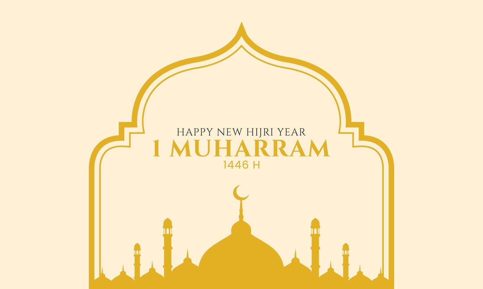 Happy New Hijri year greeting card design with mosque silhouette vector