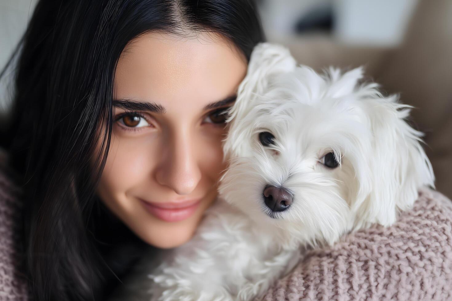 Woman Holding Her Dog Close with Genuine Affection photo
