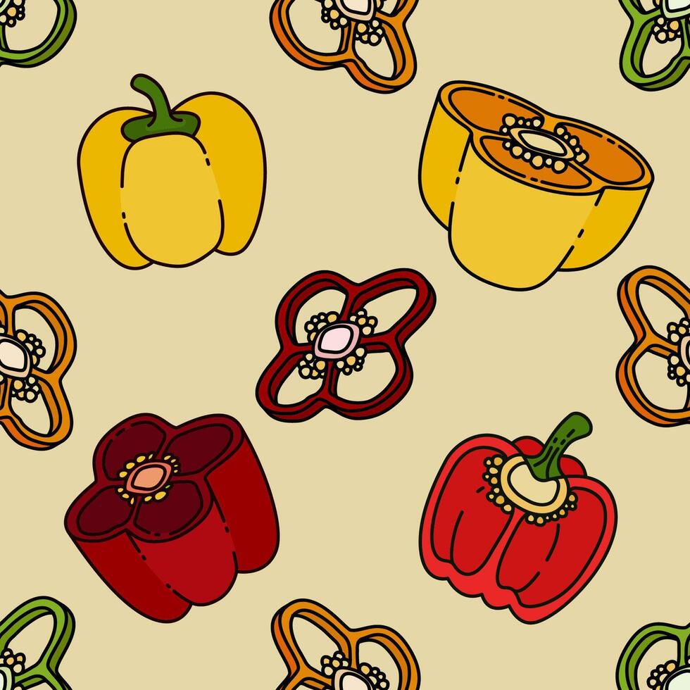 Seamless Illustration of Bell Pepper Slices for Spicy and Flavorful Dishes with a Crunch. Can Be Used as Background, Banner, Print, Textile, Fashion, and Food Packaging Design vector
