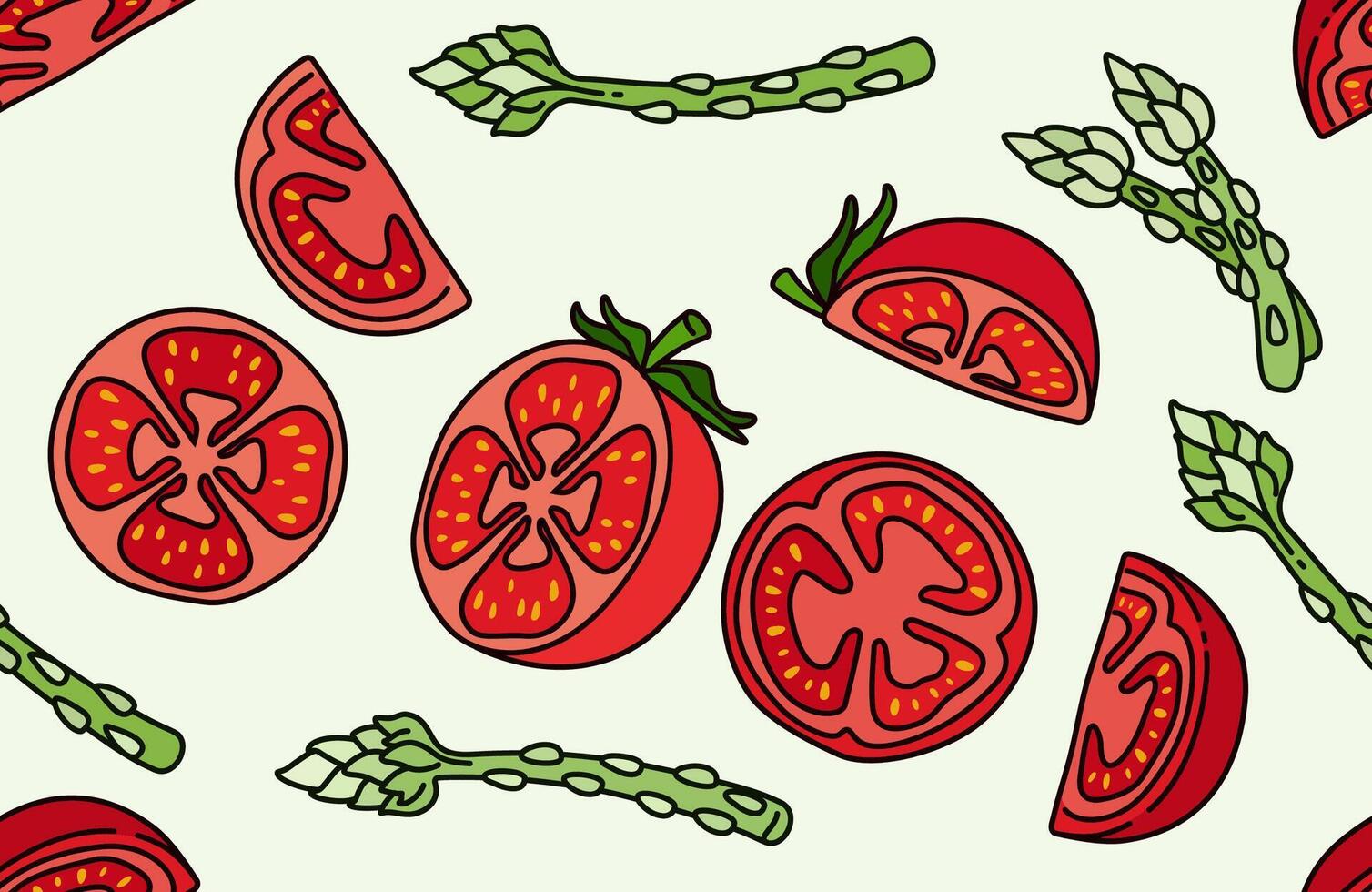 Seamless Illustration of Tomato and Asparagus Slices for Healthy Vegan Dishes Full of Flavor. Can Be Used as Background, Banner, Print, Textile, Fashion, and Food Packaging Design vector