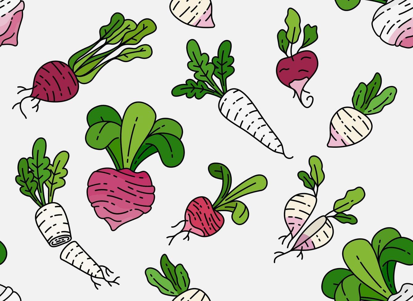 Seamless Illustration of Fresh Radishes and Beetroot for Nutritious Root Vegetables in Your Meals. Can Be Used as Background, Banner, Print, Textile, Fashion, and Food Packaging Design vector
