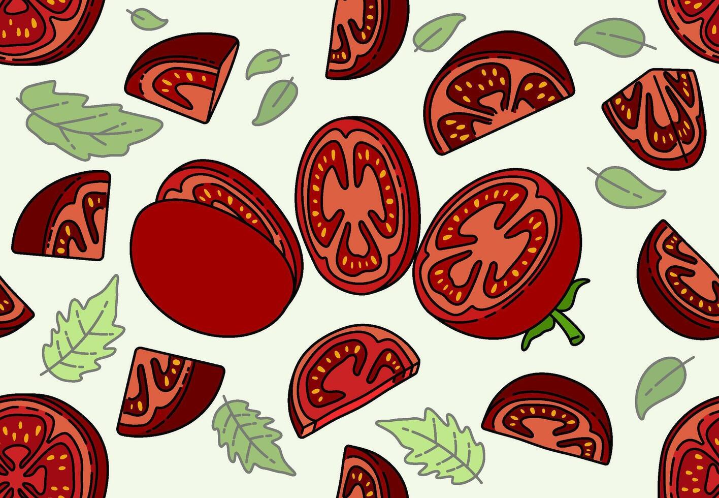 Seamless Illustration of Tomato Slices with Basil Leaves for a Tasty and Aromatic Pesto Dish. Can Be Used as Background, Banner, Print, Textile, Fashion, and Food Packaging Design vector