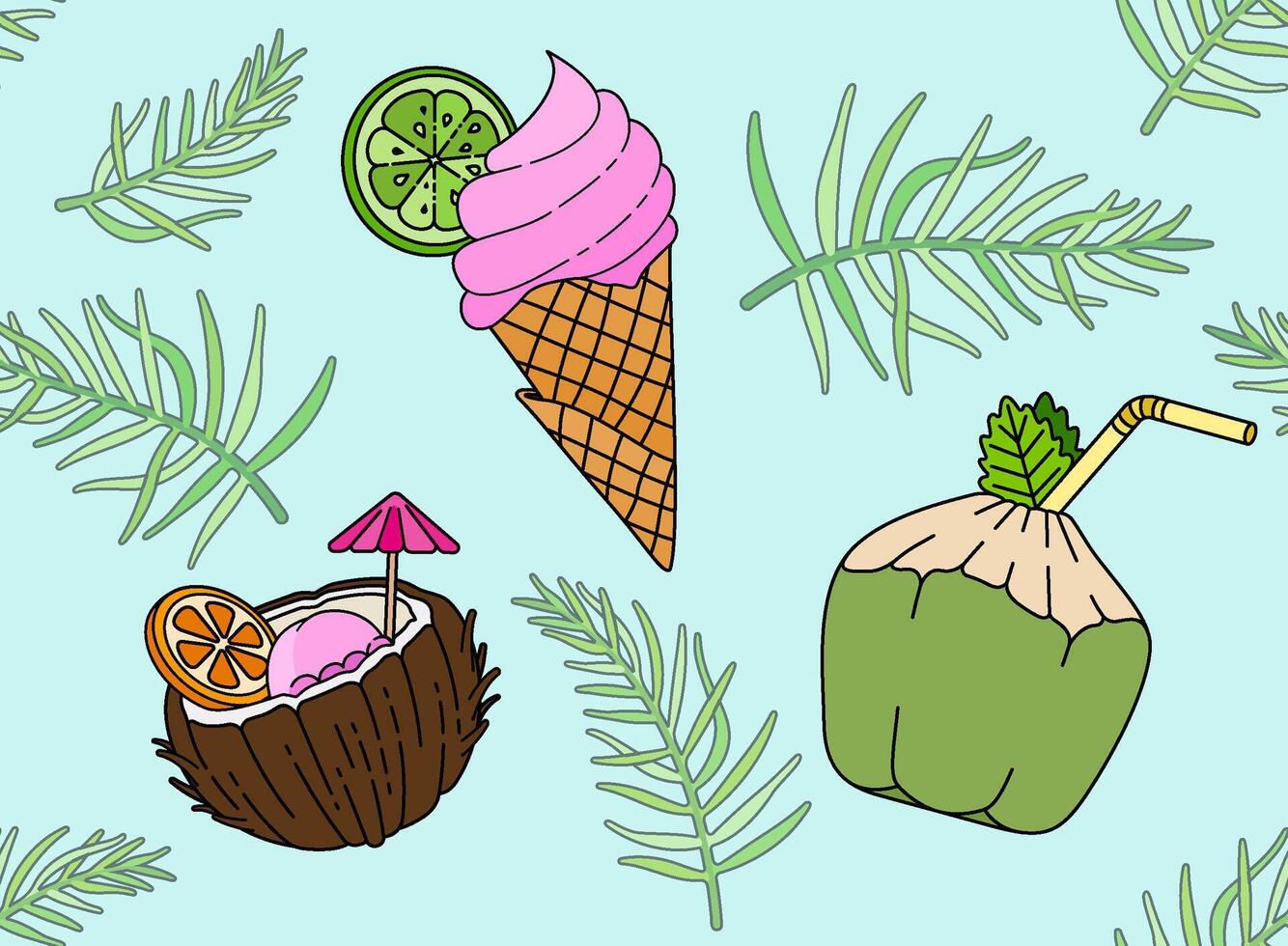 Summer beach doodle of green coconut ice, sour coconut ice cream lime and citrus coconut dissert for tropical party beverages with coconut leaves. Can be used for children books, backgrounds, banners vector