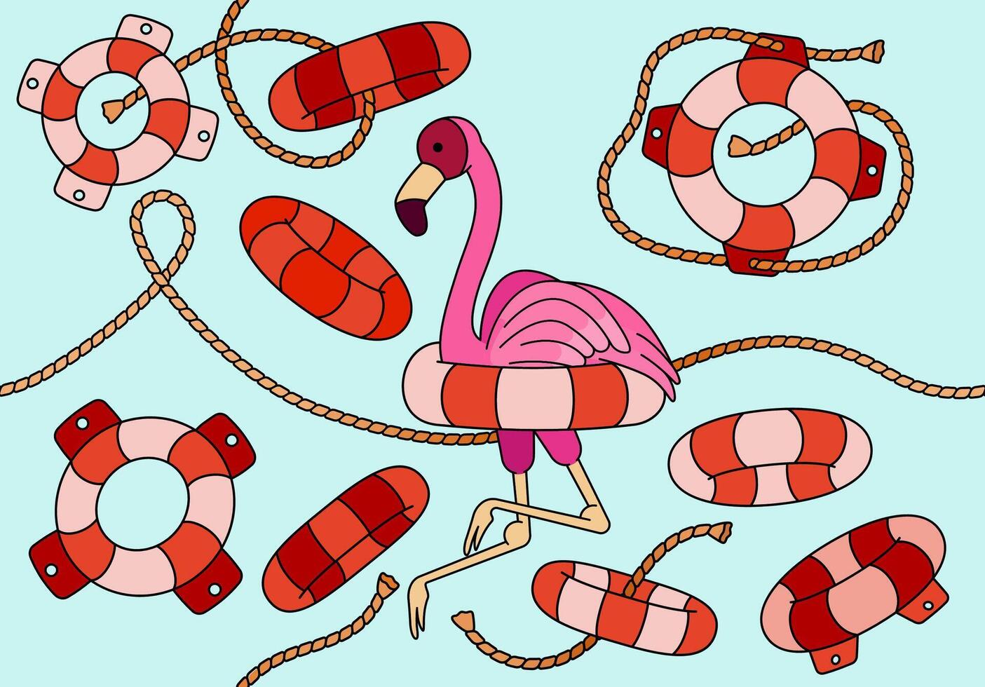 Doodle art of beach themed flamingos and safety lifebuoy for a fun summer vacation concept. Can be used for children books, backgrounds, banners, posters, ads vector