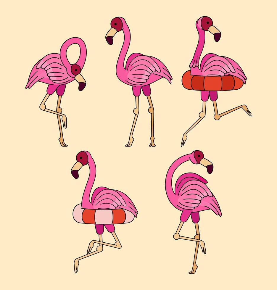 summer doodle of flamingos on the beach, including flamingos wearing lifebuoy. Can be used for children books, backgrounds, banners, posters, ads vector
