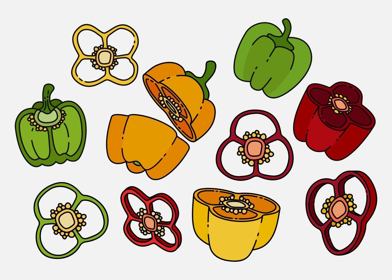 Illustration of Bell Pepper Slices in Green, Yellow, and Red for Flavorful Dishes and Meals. Can Be Used as Background, Banner, Print, Textile, Fashion, and Food Packaging Design vector