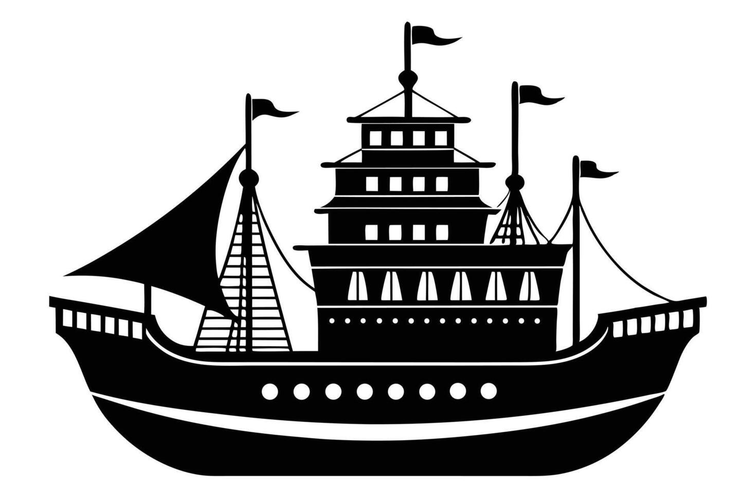 Black And White Junk Boat Illustration vector