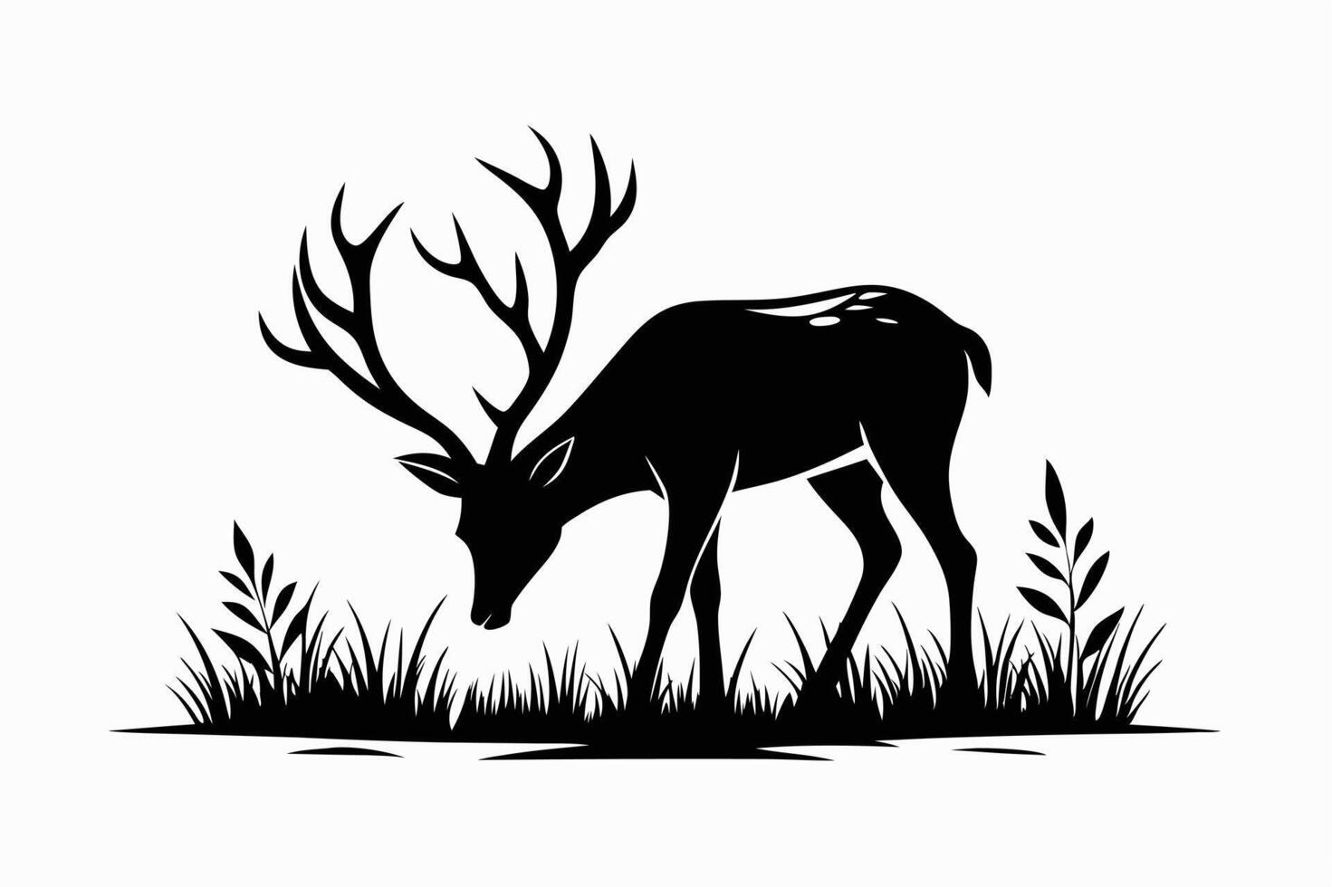 Deer Silhouette In Grass Black Illustration vector