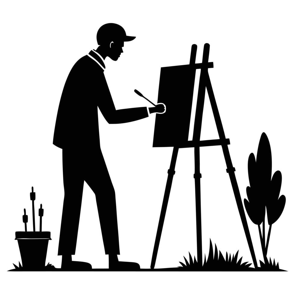 Artist Silhouette Painting Outdoors On Canvas vector