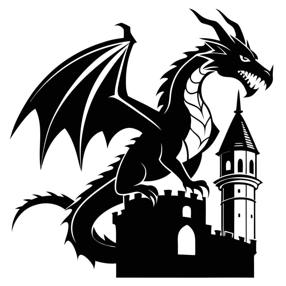 Dragon Perched Atop Castle Tower vector