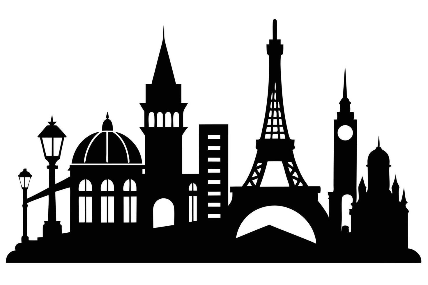 Black Silhouette Of Famous European Landmarks vector