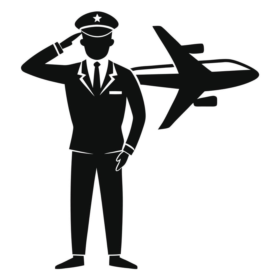Pilot Saluting With An Airplane Silhouette vector