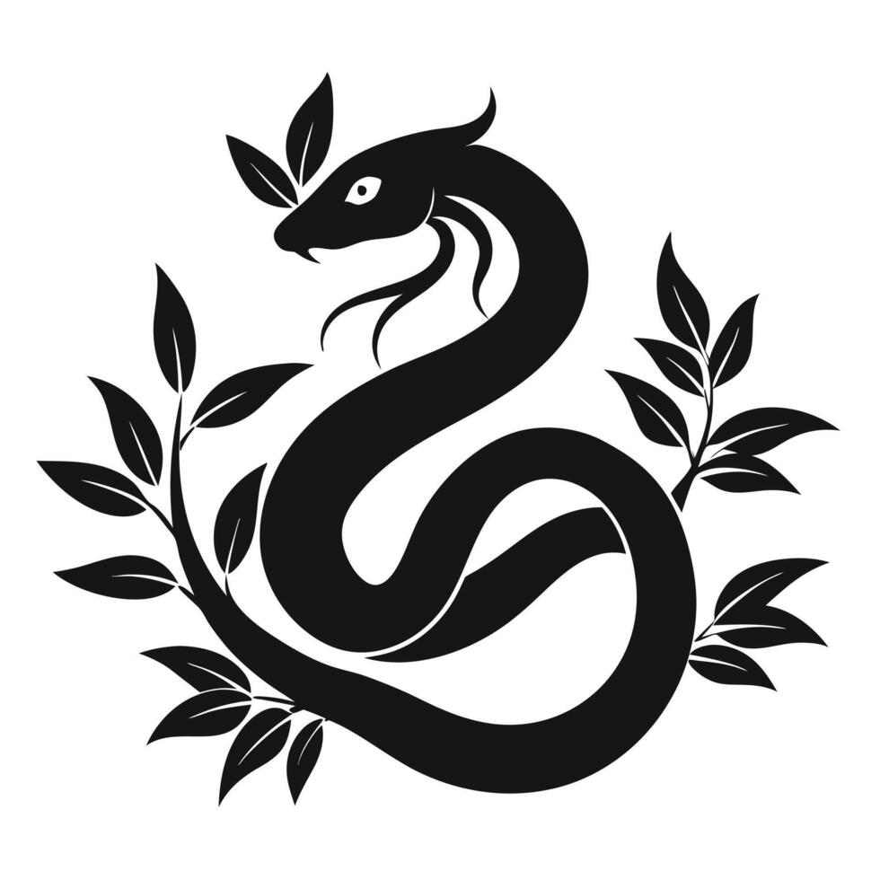Snake With Leaves Black Silhouette Design vector