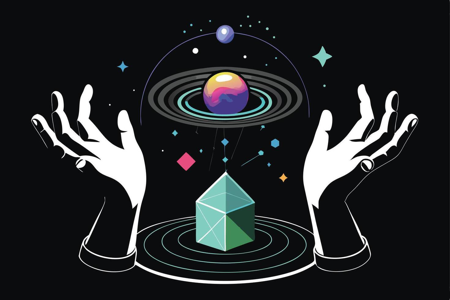 Hands Holding Cosmic Geometric Shapes vector