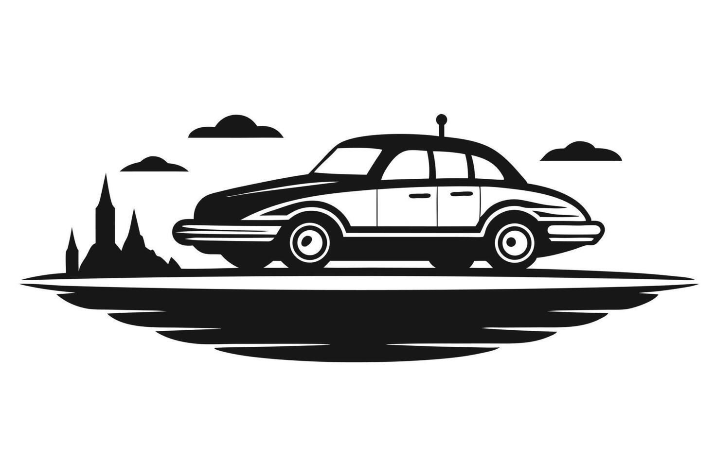 Car With Cityscape Black And White vector