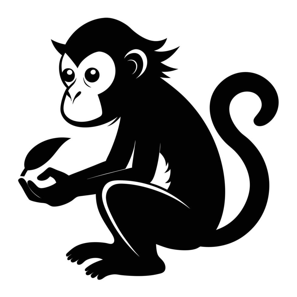 Monkey Holding Leaf Black And White vector