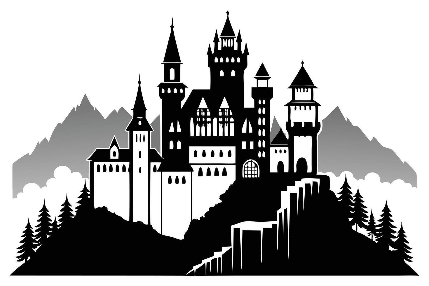 Castle Silhouette On Hilltop With Trees vector