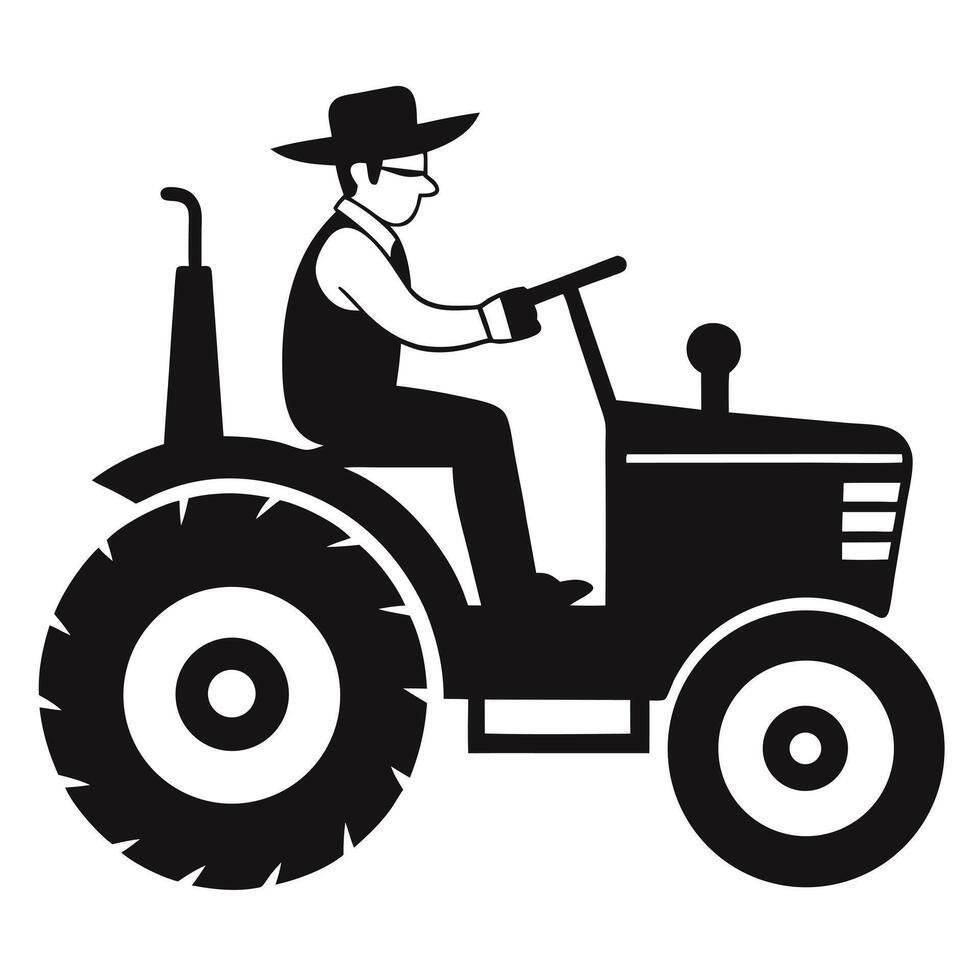 Farmer Driving Tractor Illustration Black And White vector