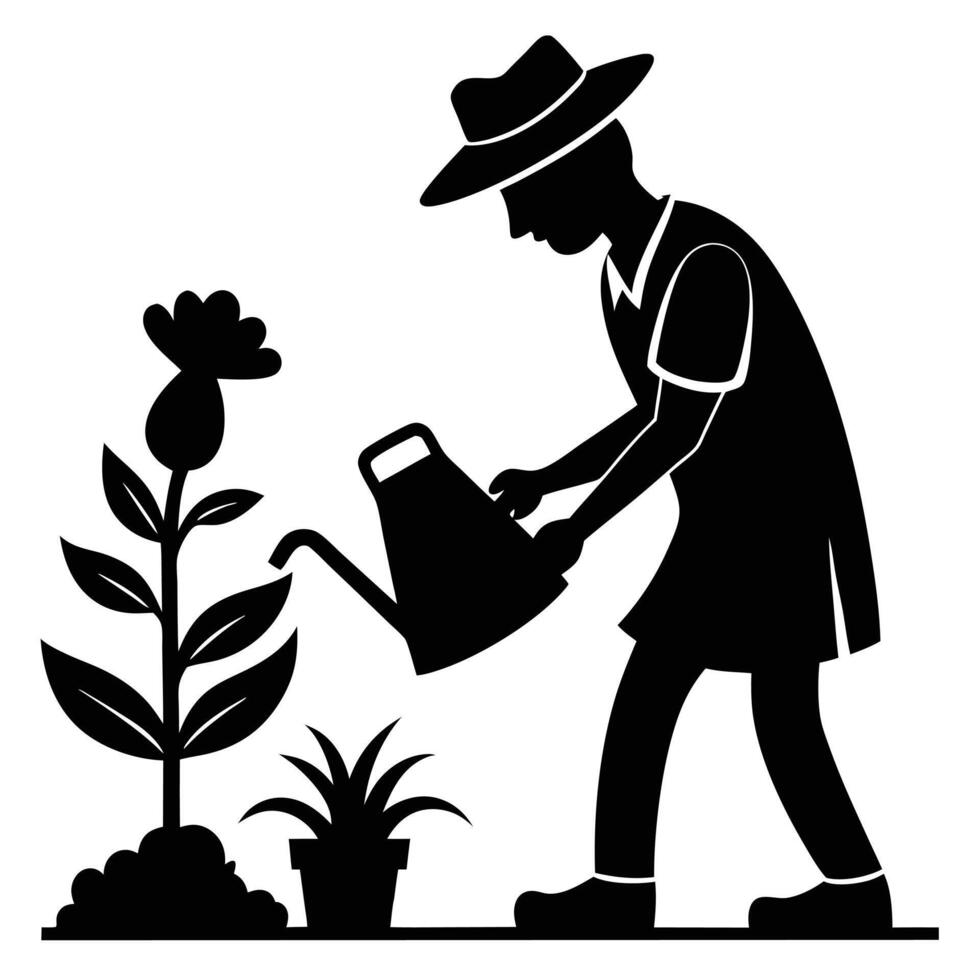 Silhouette Gardener Watering Plants With Can vector