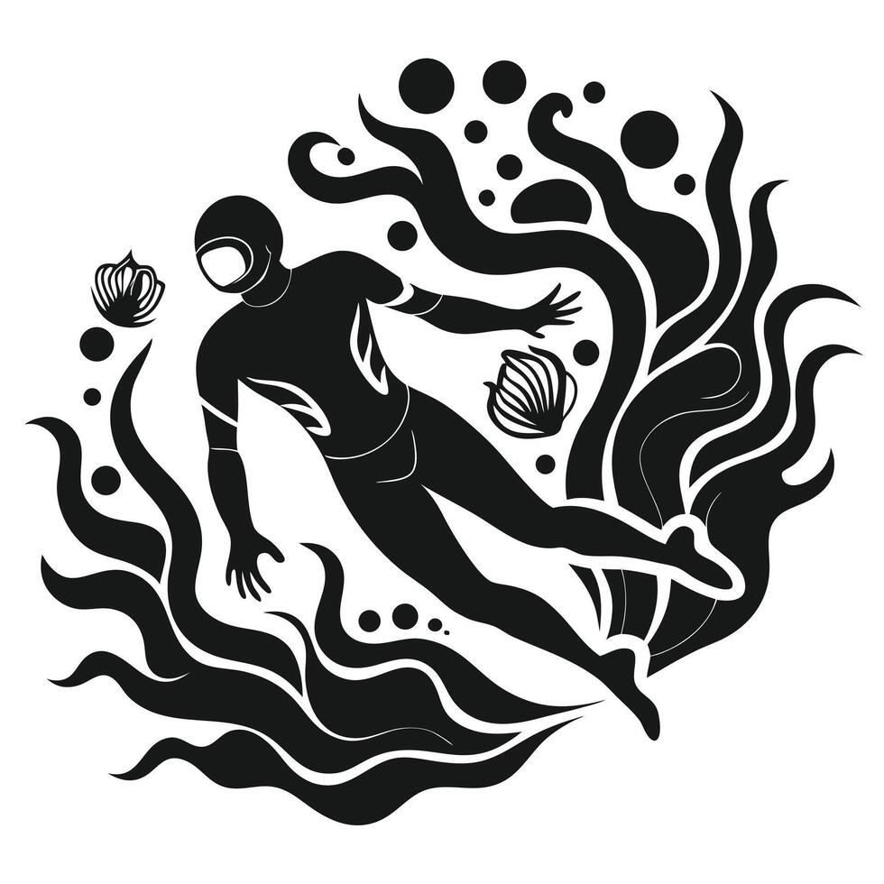 Monochrome Underwater Diver Black And White vector
