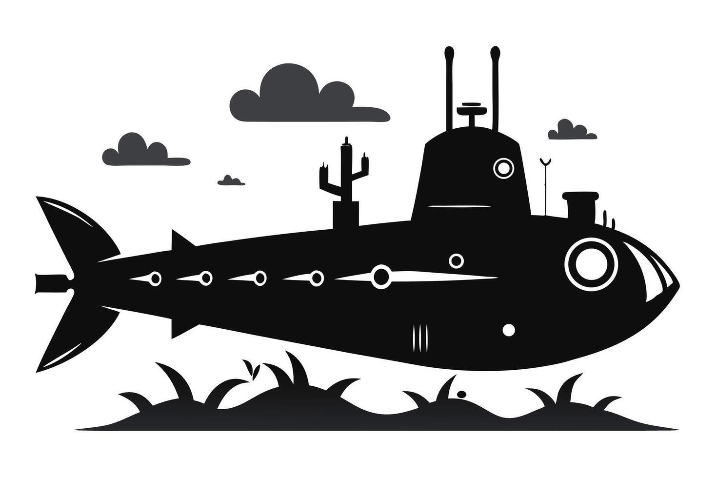 Silhouette Submarine Underwater Landscape Black And White vector