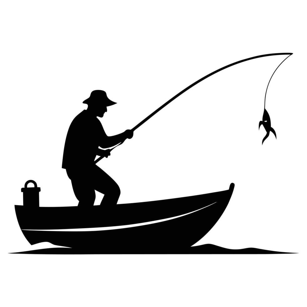 Silhouette Fisherman In Boat Catching Fish vector