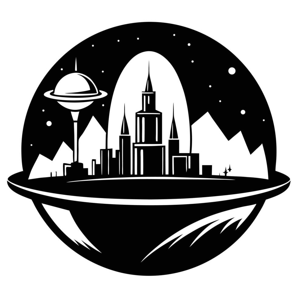 Futuristic Cityscape Monochrome Illustration In Outer Space vector