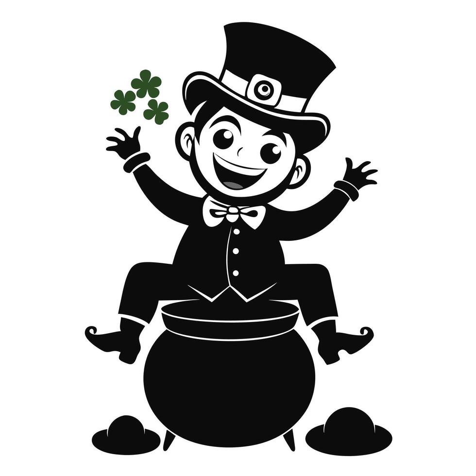 Cheerful Leprechaun Sitting On Gold Pot vector