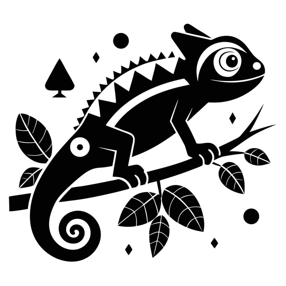Chameleon On Branch Black And White Design vector