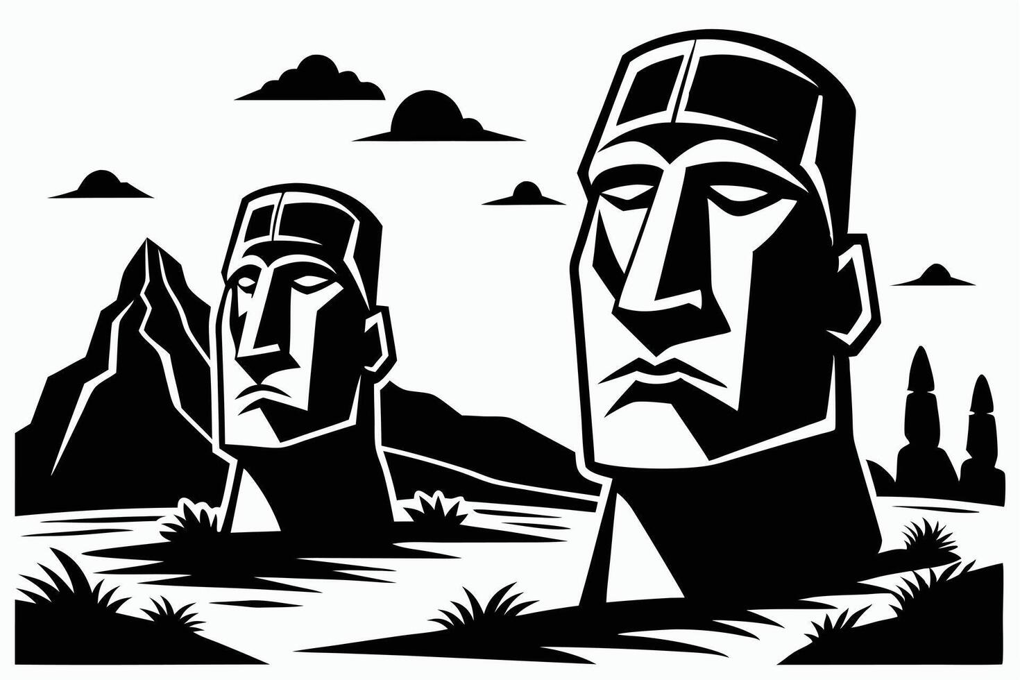Rapa Nui Moai Statues Black White Art vector