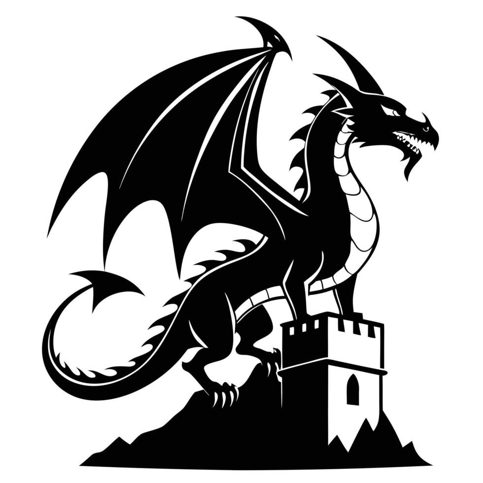 Dragon Standing On A Castle Silhouette vector