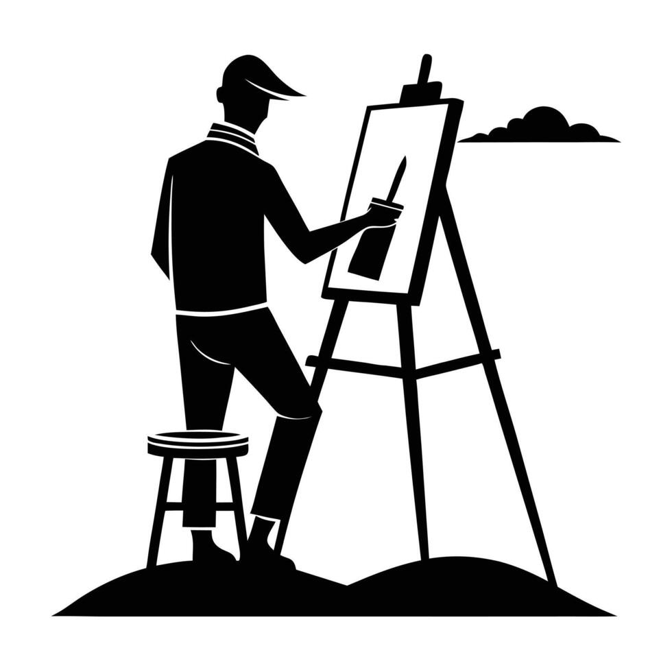 Artist Painting On Canvas Outdoors Silhouette vector